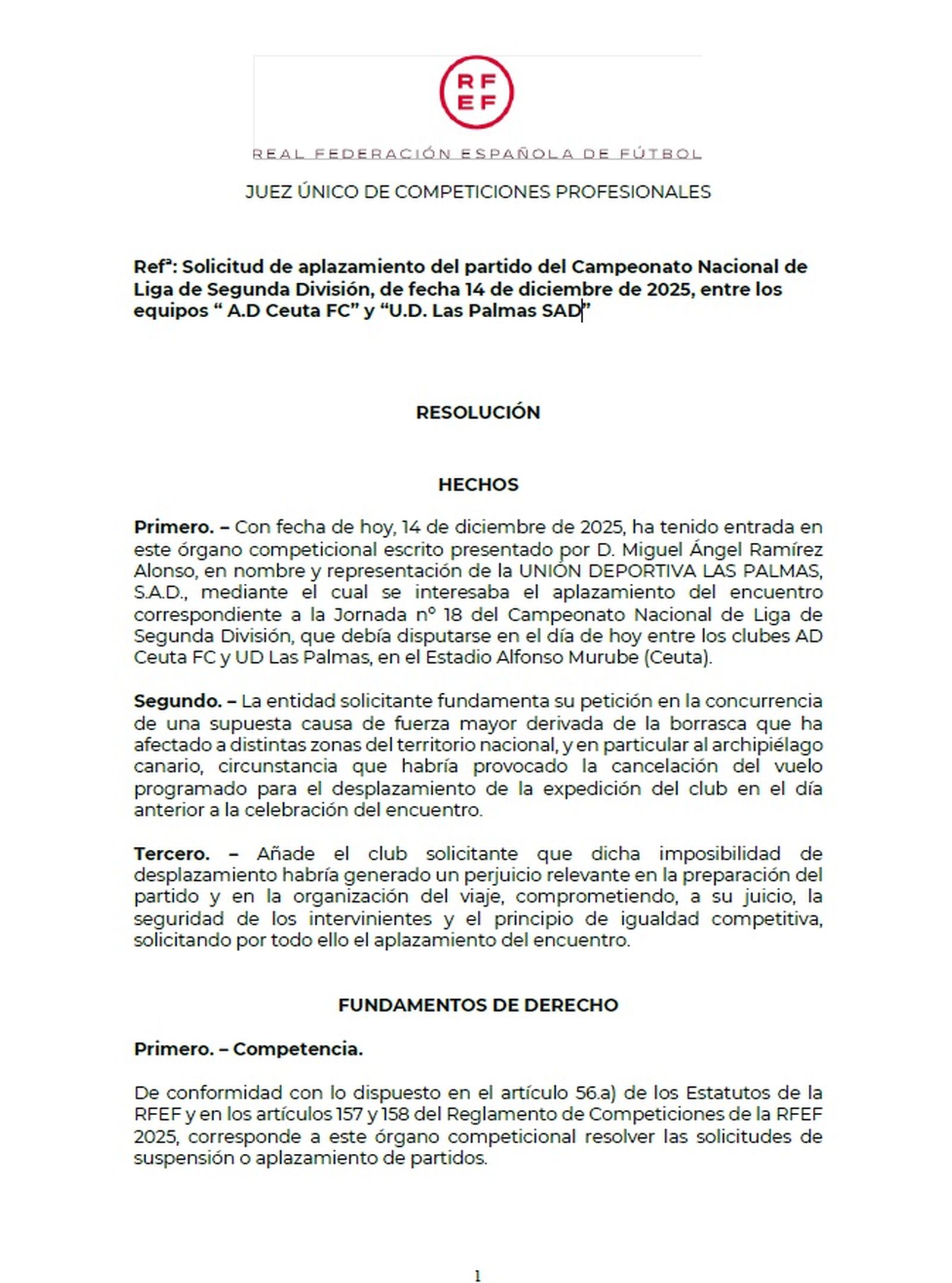 Resolución del juez único de competición