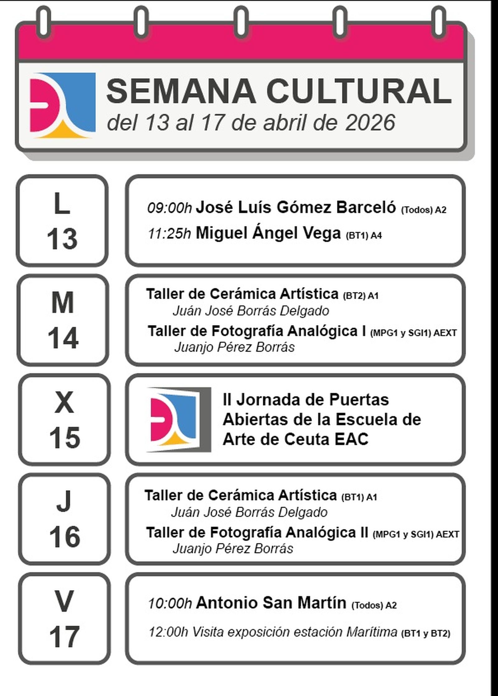 Programación oficial y completa de la Semana Cultural en la Escuela de Arte de Ceuta para este 2026