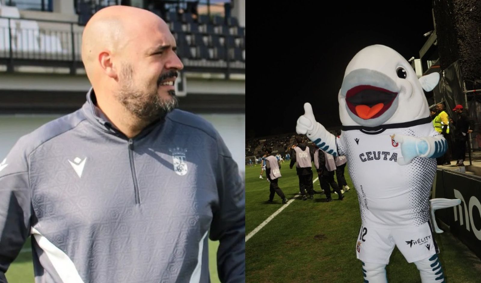 Juanmi Armuña, entrenador del equipo Genuine de la AD Ceuta FC, y su otra cara como Caballati, la mascota que encarna la ilusión, la inclusión y el espíritu del club.