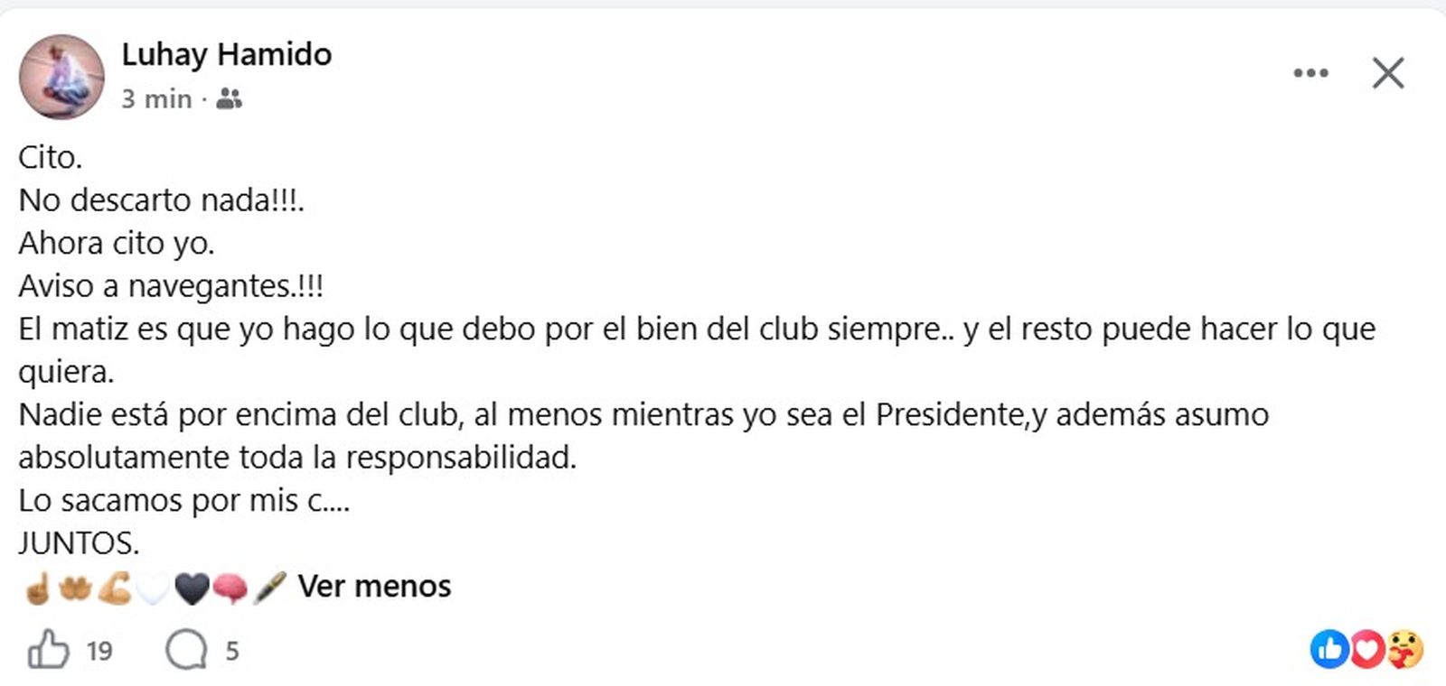 Captura del mensaje de Luhay Hamido en redes sociales