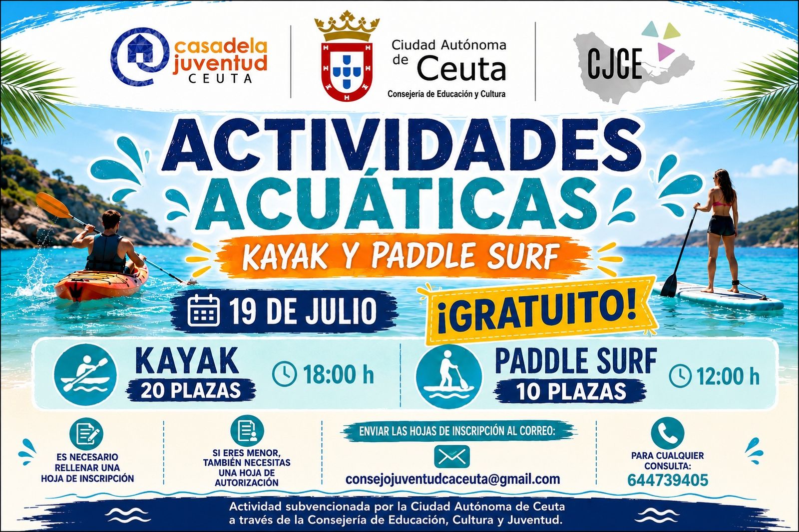 Cartel de las actividades acuáticas en Ceuta gratuitas