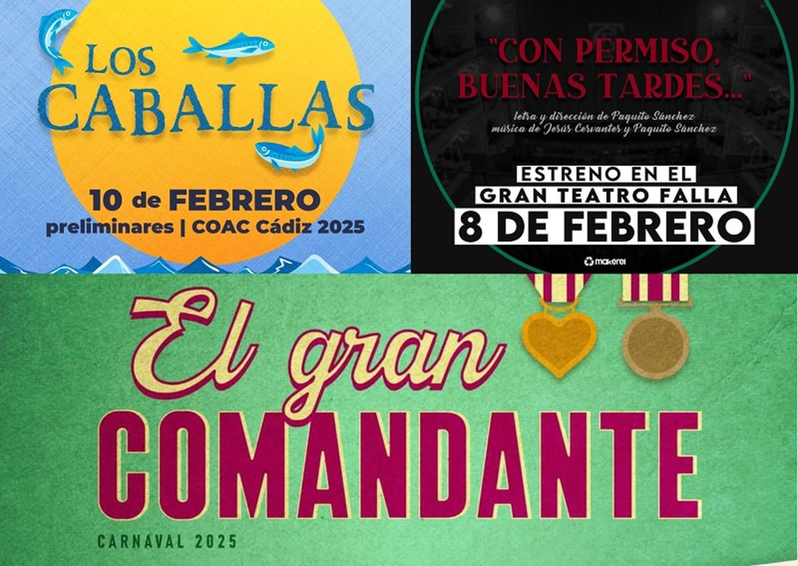 Carteles promocionales de la comparsa de Ceuta, el coro de Ceuta y 'El gran comandante', comparsa granadina con letra de Juanmi Armuña. / FOTOS CEDIDAS