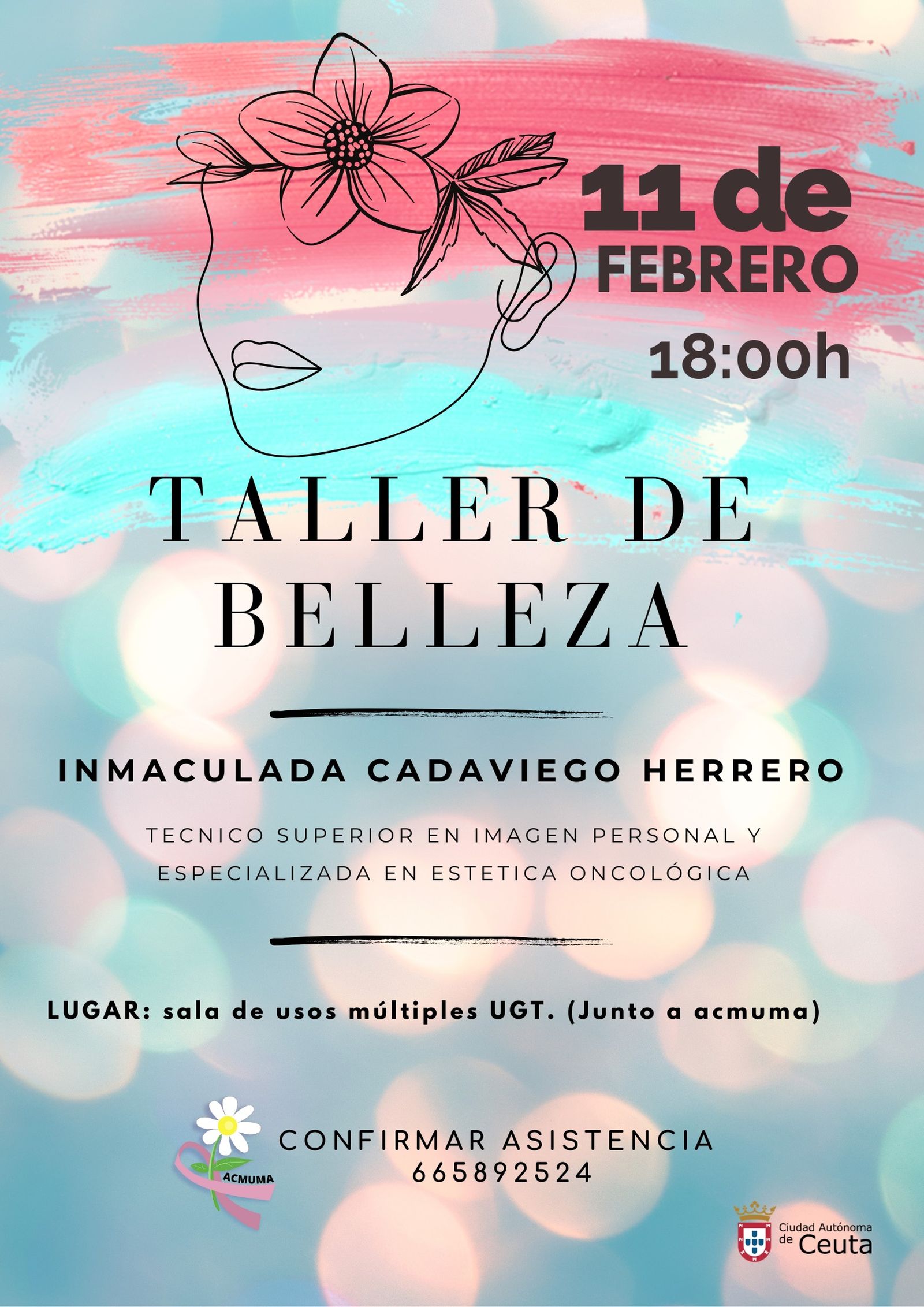 Cartel del taller de belleza organizado por ACMUMA