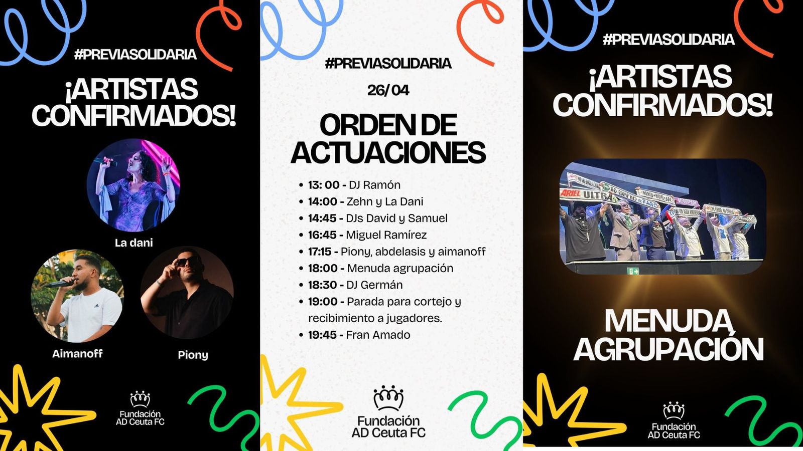 Carteles anunciadores de las actuaciones previstas para la previa solidaria del partido AD Ceuta-Racing