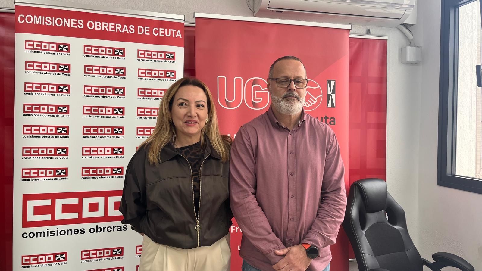 Los secretarios generales de UGT, Yolanda Aparicio, y CCOO, Ángel Lara, en la sede de los sindicatos