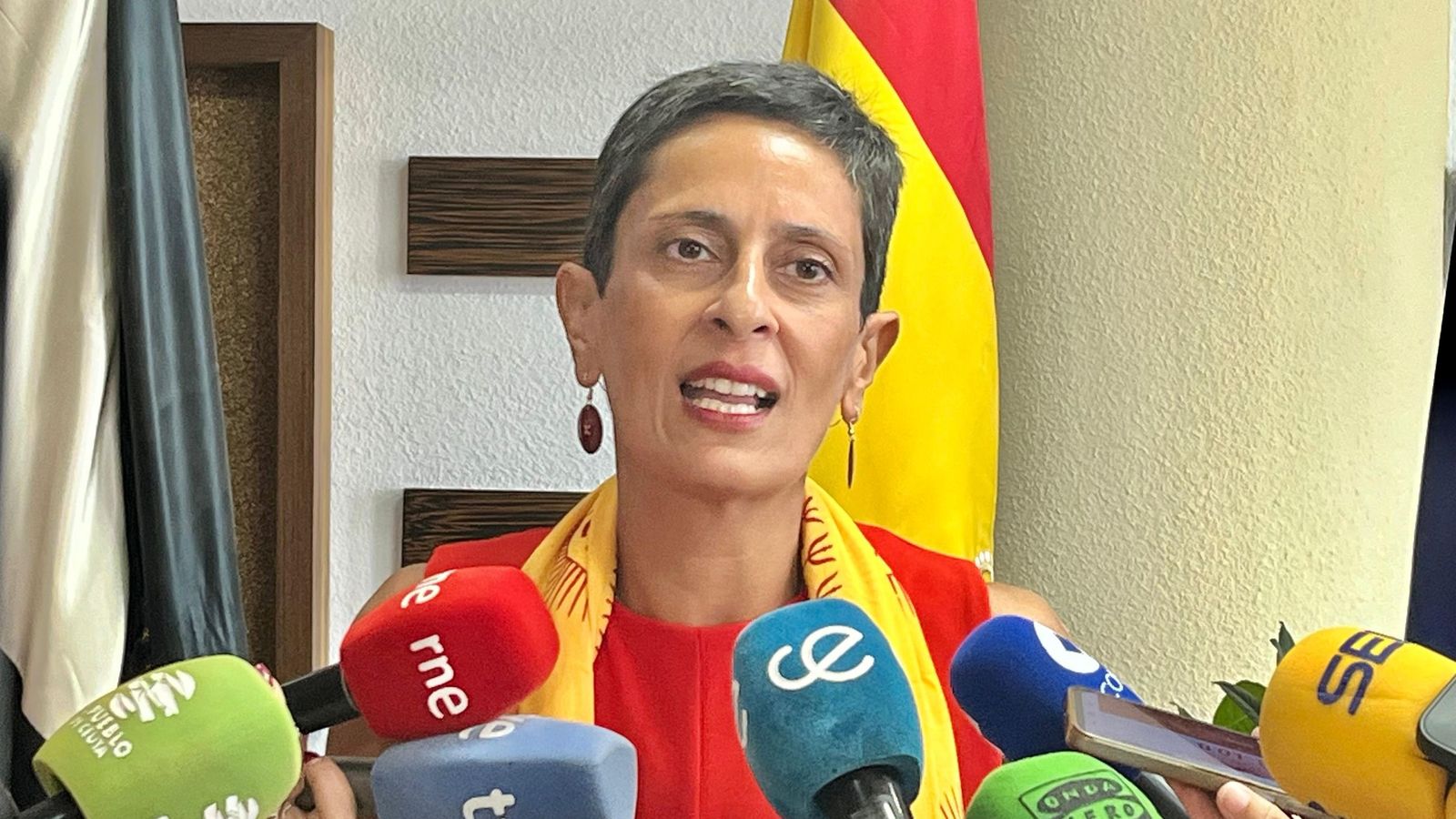 La consejera mientras contesta a las preguntas de los periodistas.