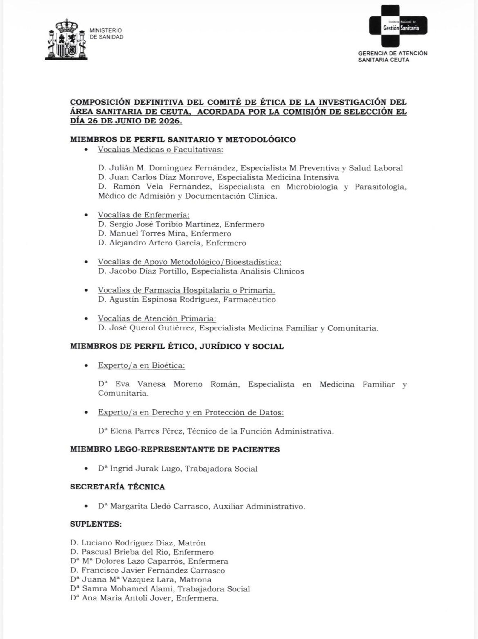 Documento por el que INGESA aprueba la composición definitiva del Comité de Ética de la Investigación de Ceuta