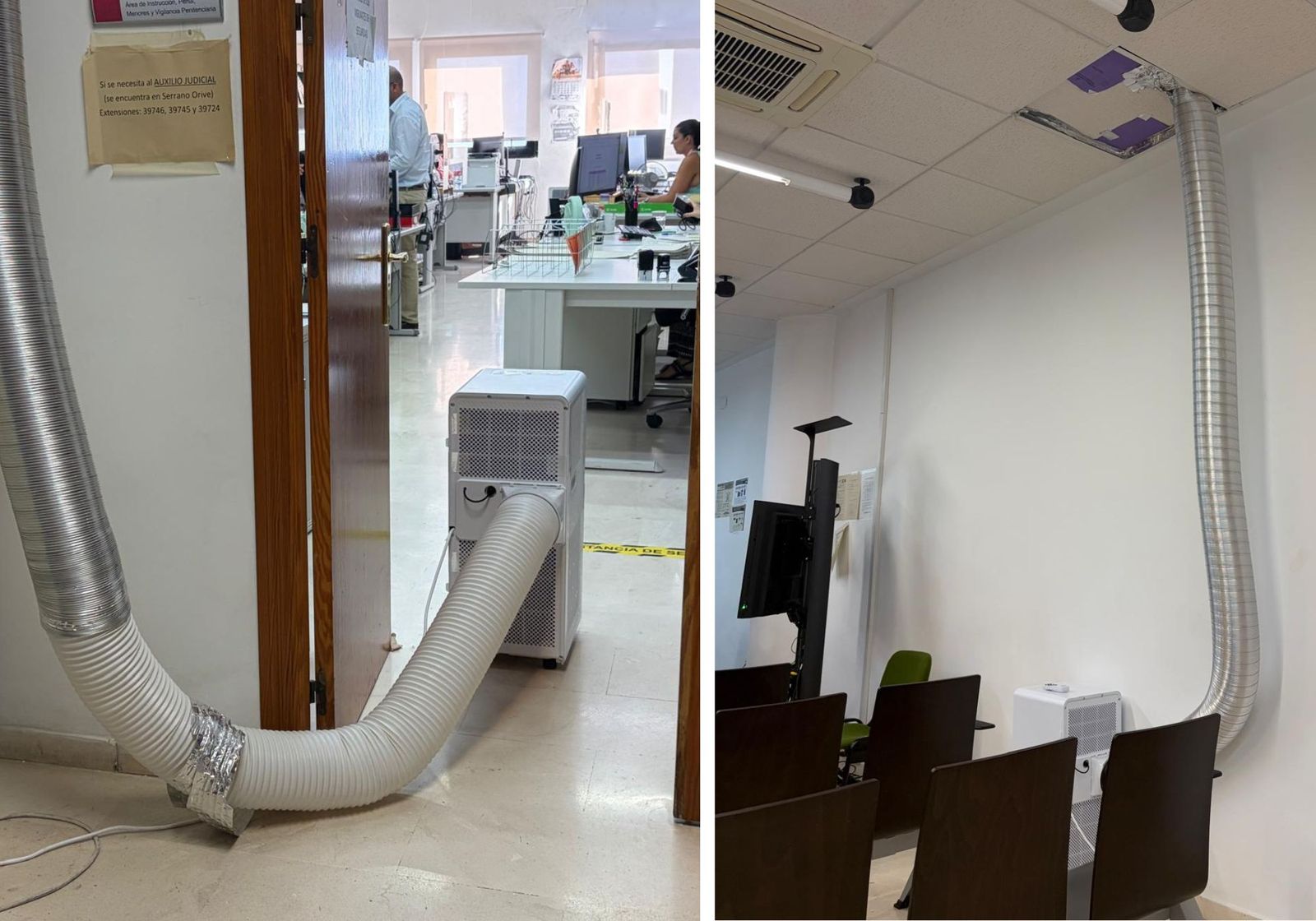 Tubos conectados entre los pingüinos y el conducto de ventilación del techo de los juzgados del edificio Ceuta Center. A la derecha, el de la sala de lo Penal.