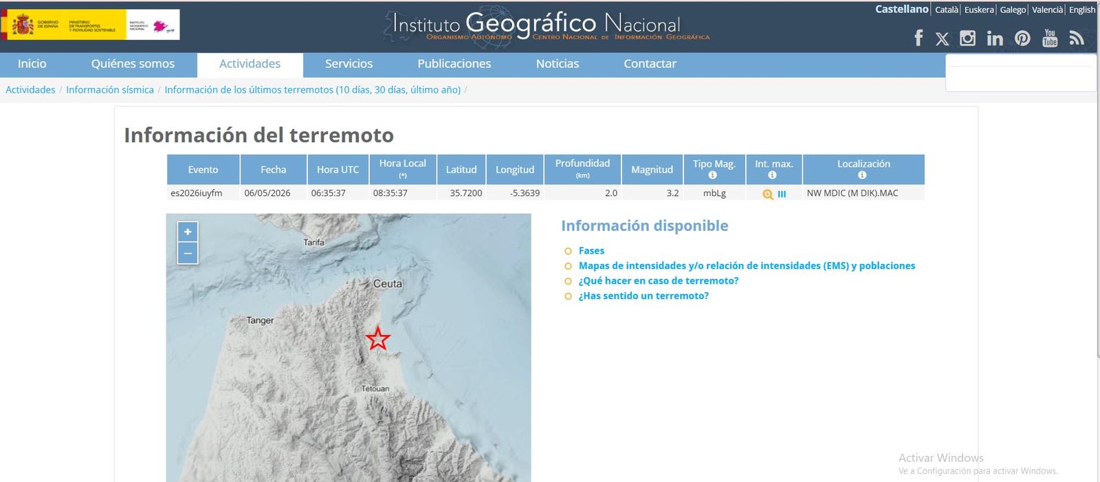 Captura de la página web del Instituto Geográfico Nacional