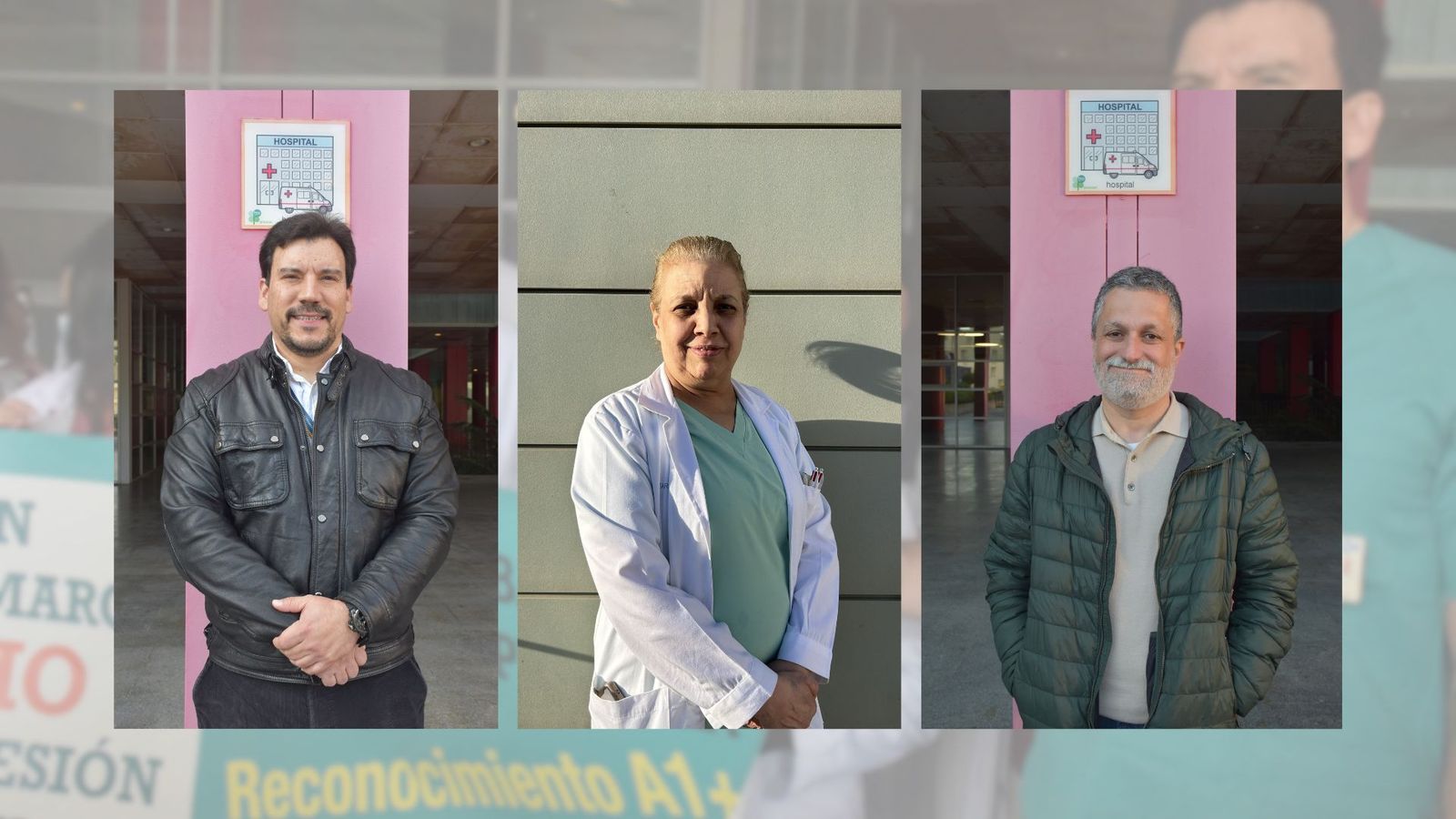 De izquierda a derecha: el cirujano Piero Landra, la médica de Urgencias Naima Hamido, y el jefe de Anestesia, Graciano Carmona. Todos posan tras conversar con El Pueblo a la salida de sus guardias presenciales de 24 horas en el Hospital de Ceuta.