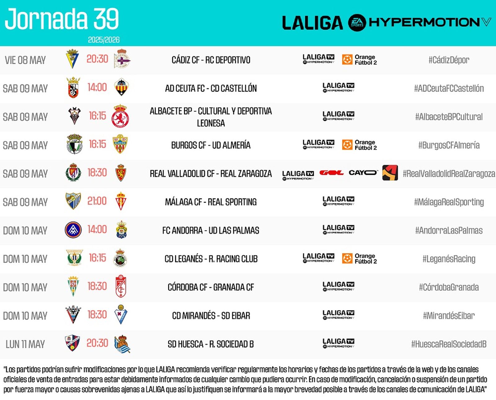 Horarios de los partidos de la Liga Hypermotion