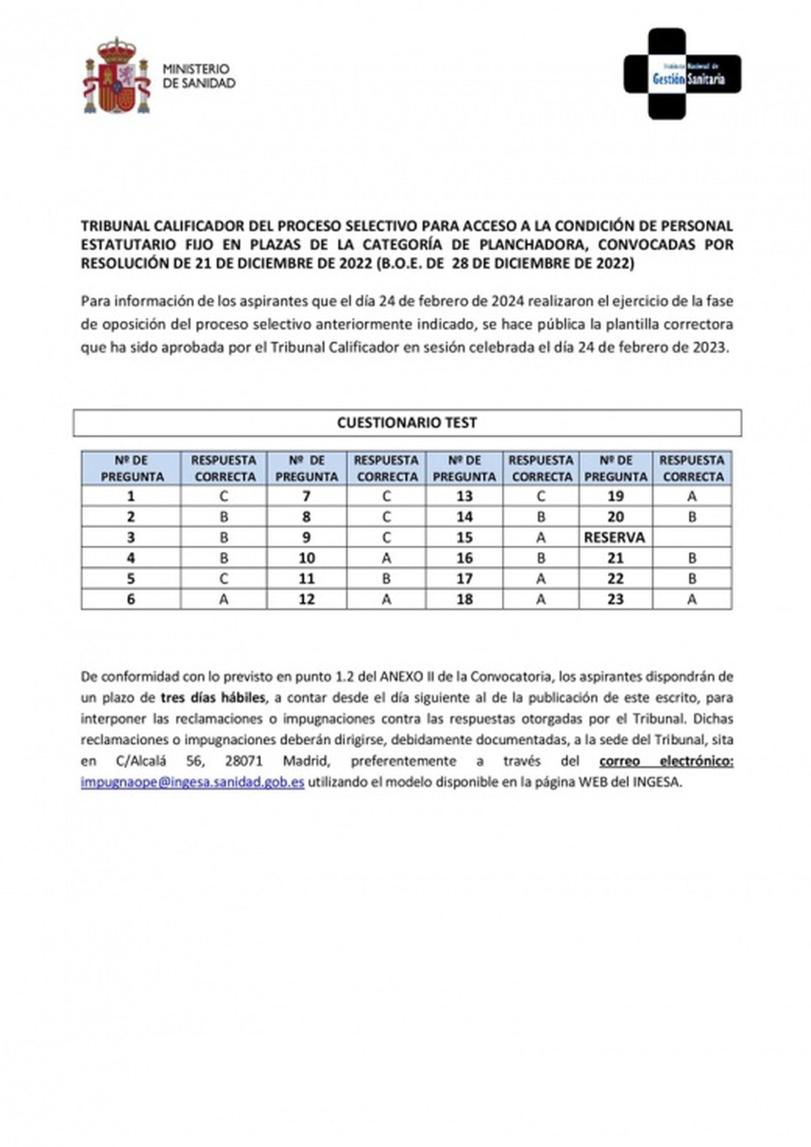 Plantilla examen Planchadora OPE INGESA 2024. / FOTO INGESA