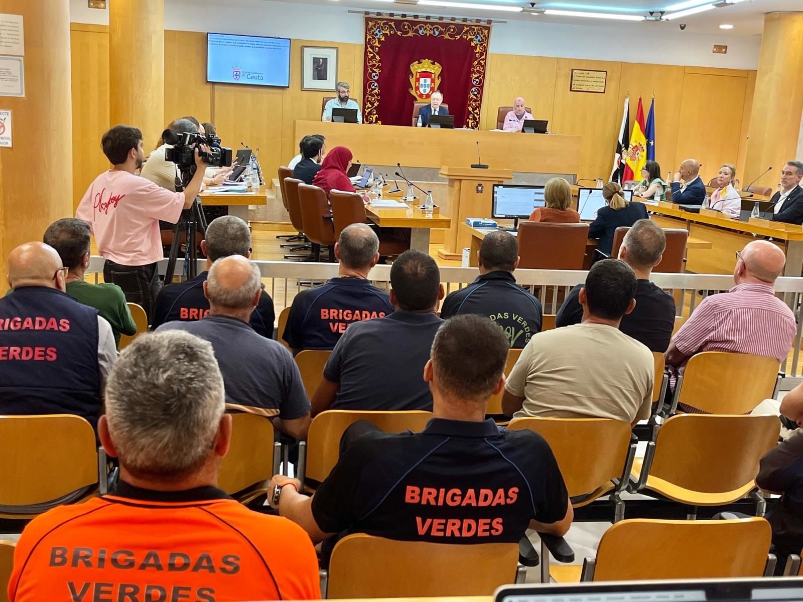 Un grupo de trabajadores de Brigadas Verdes asiste a la sesión plenaria celebrada ayer