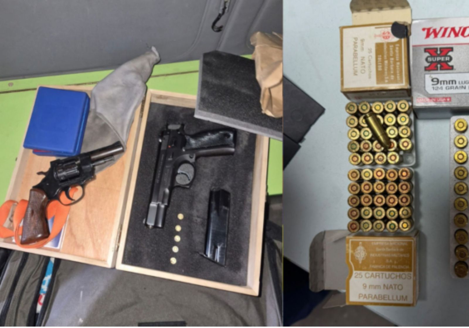 Pistolas y munición incautadas.