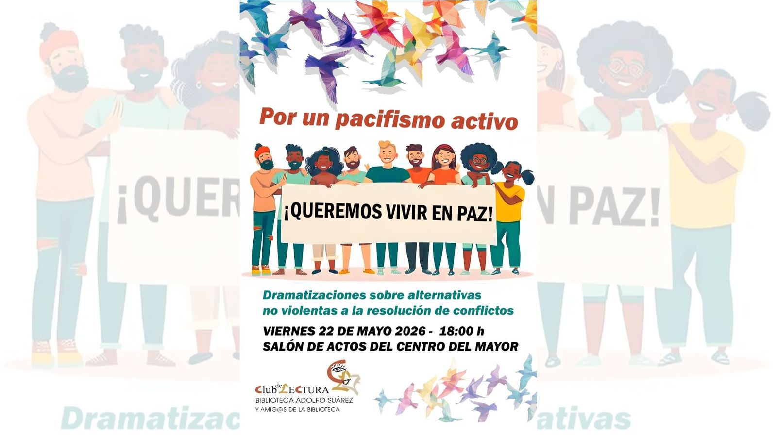 Cartel del acto 'Por un pacifismo activo', del club de lectura de la Biblioteca Adolfo Suárez