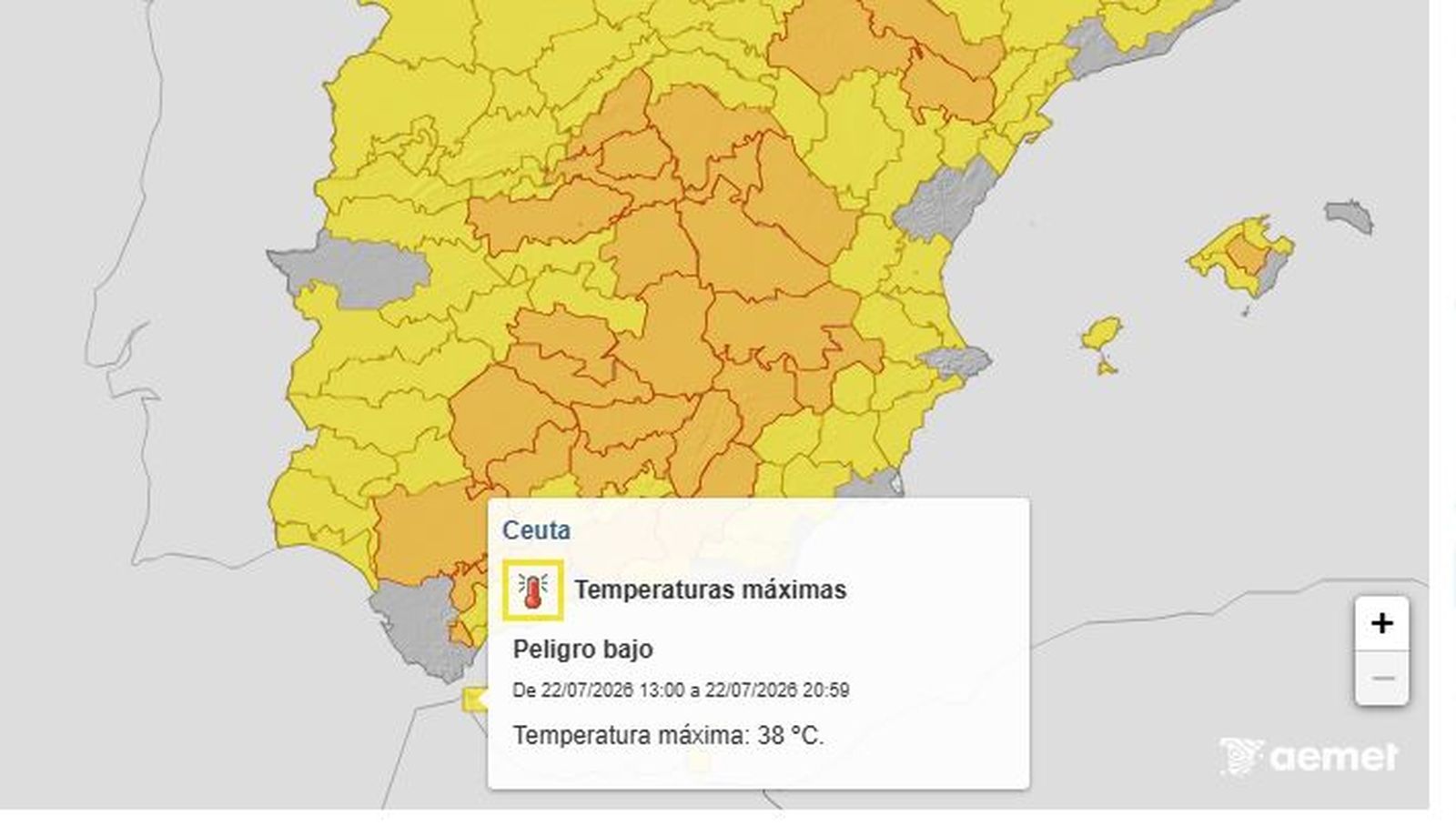 Mapa de AEMET con la alerta amarilla para Ceuta