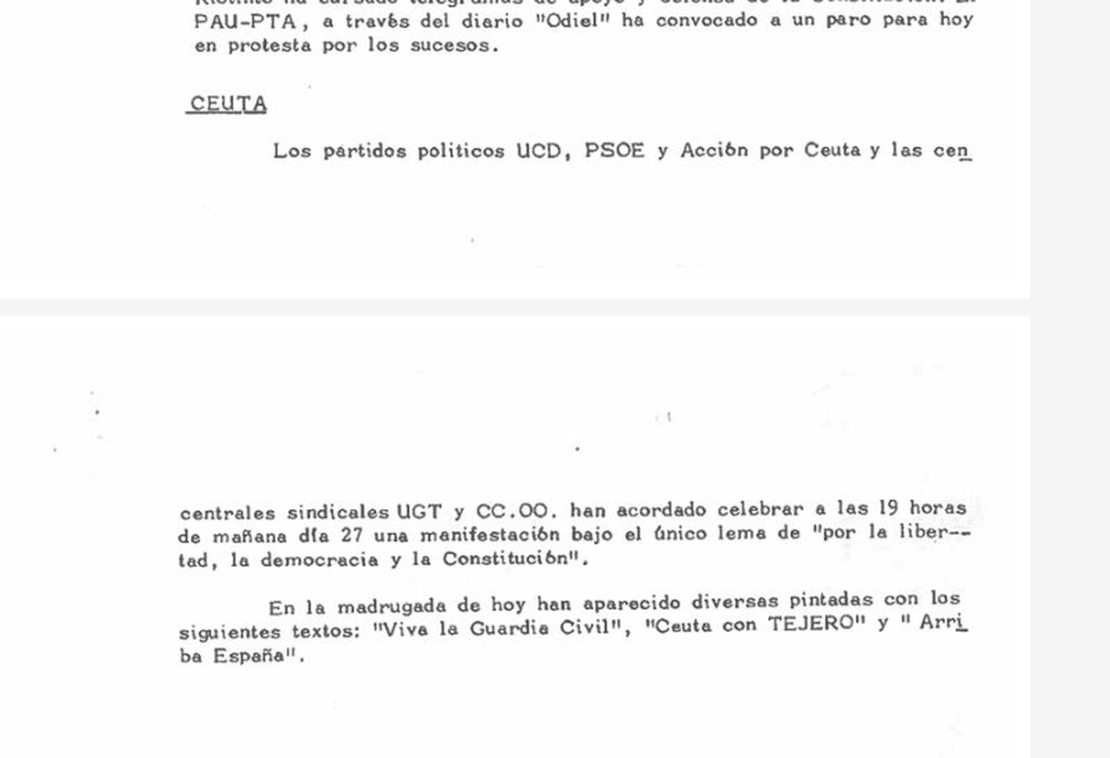 Documento desclasificado sobre el 23F que hace mención a Ceuta.