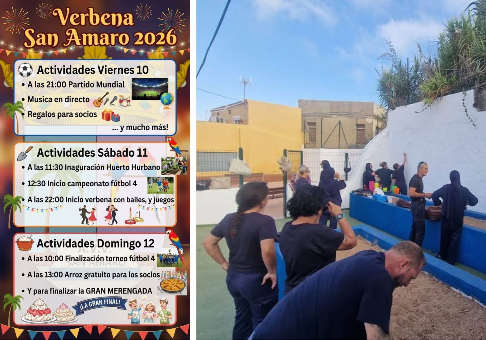 Cartel de las actividades y vecinos preparando el huerto.