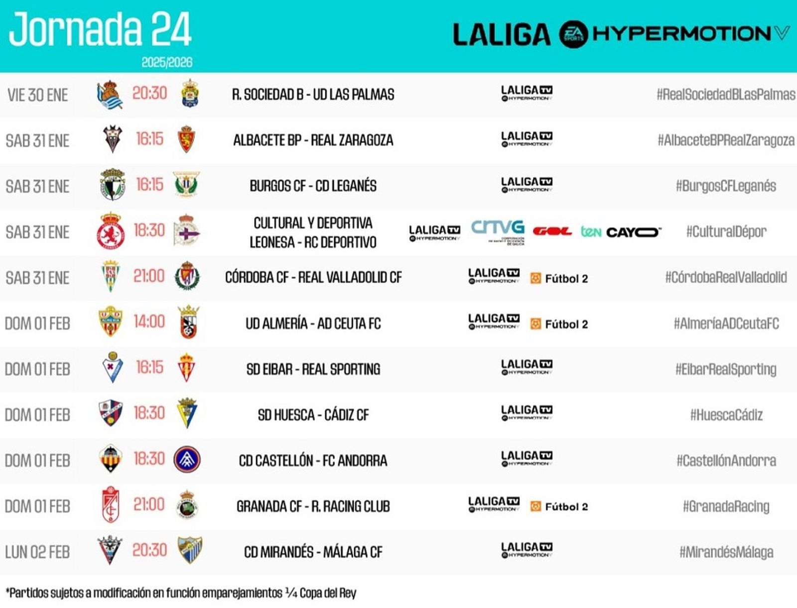 Horarios de los partidos jornada 24