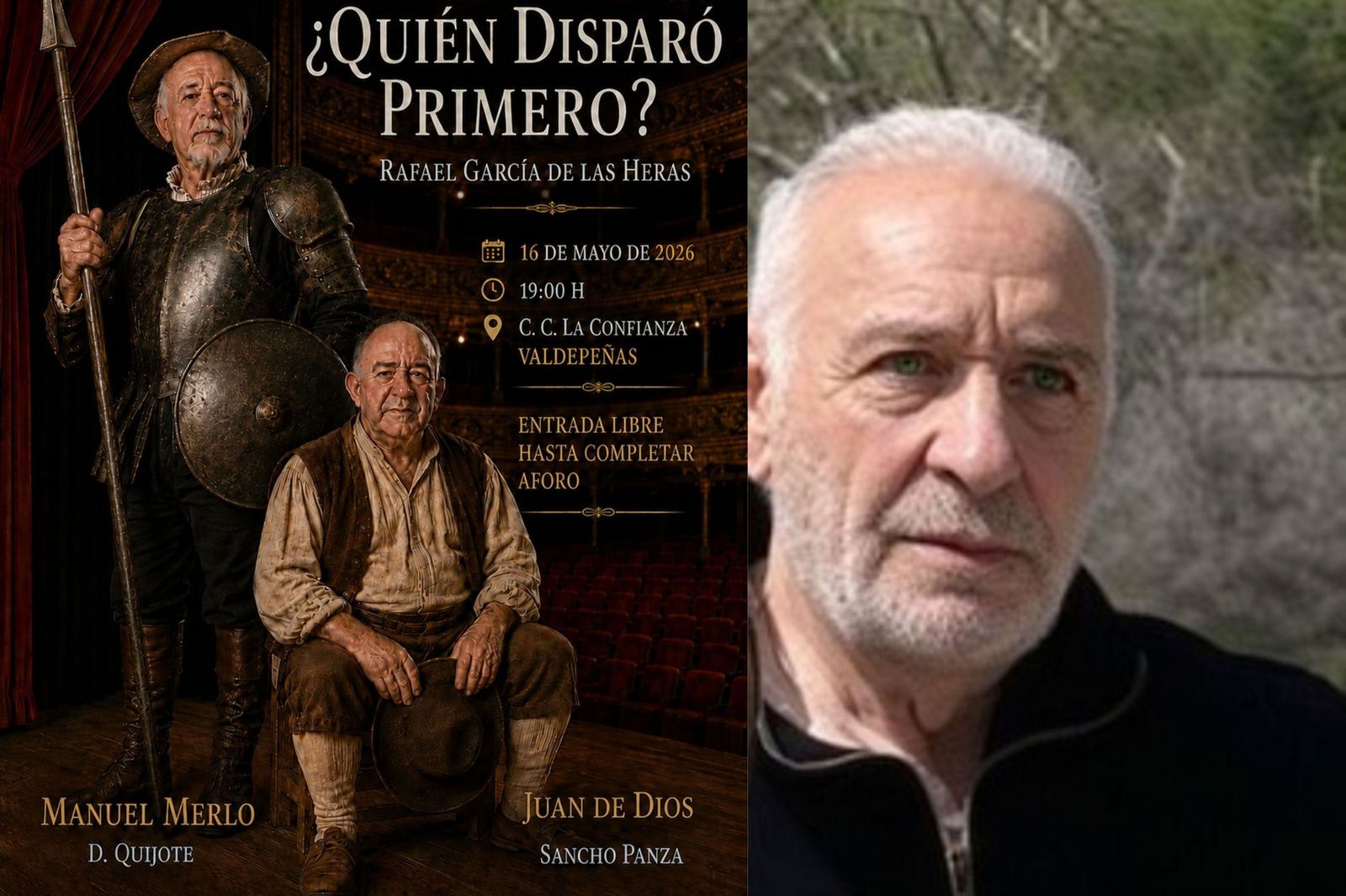 Cartel de la presentación del libro y Manolo Merlo