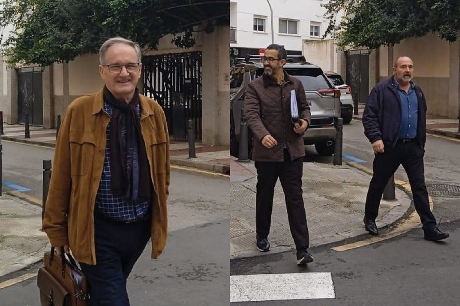 Los tres directivos del INGESA en Ceuta, Jesús Lopera -arriba-, Maanan Abdelkader y Carlos Ramírez -abajo, de izquierda a derecha-, en camino al juzgado para declarar por el caso del radiólogo el 6 de marzo de 2025