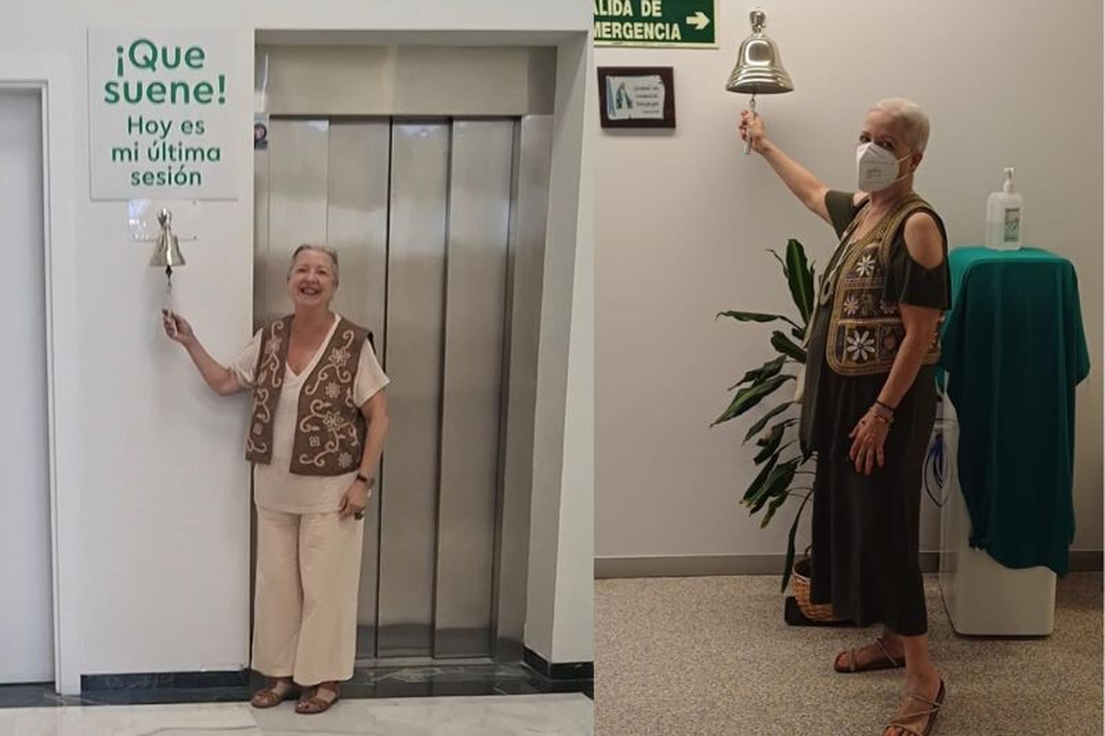 Cristina Querol posa tocando la campana tras finalizar el tratamiento de quimioterapia -izquierda- y de radioterapia -derecha-. / FOTOS CEDIDAS