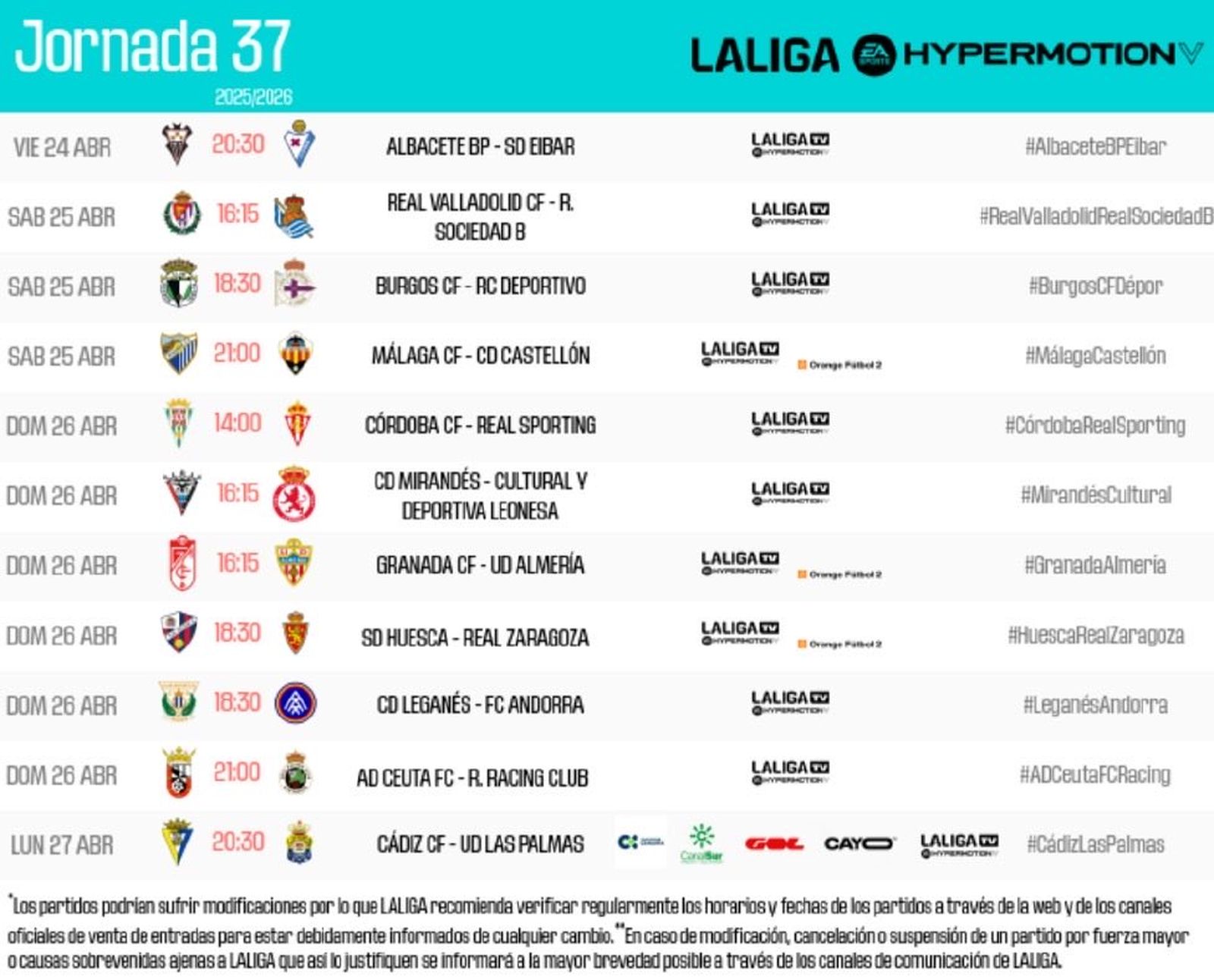 Horarios de la trigésima séptima jornada de la Liga Hypermotion