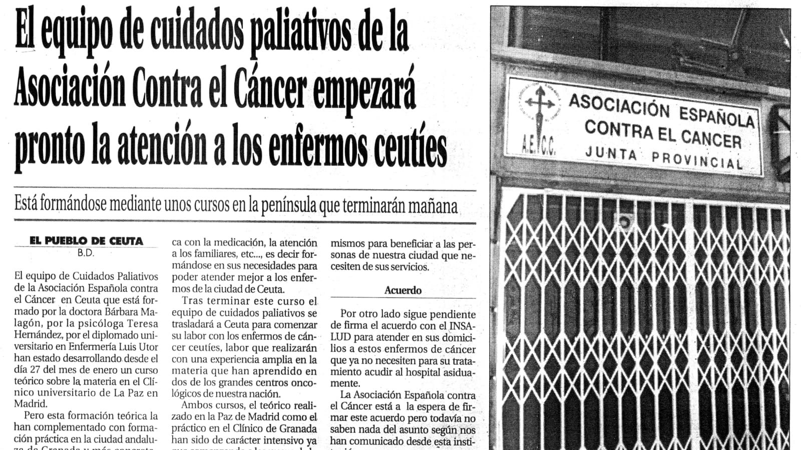 Recorte del periódico en el que se informaba de que la AECC tendría un equipo de Cuidados Paliativos