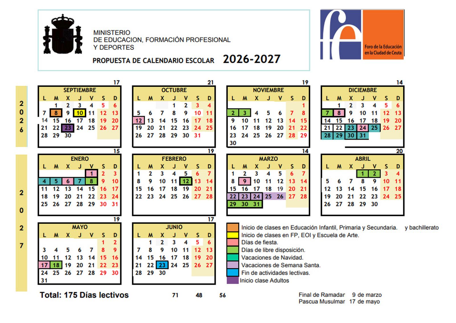 Calendario escolar para el próximo curso 2026-2027